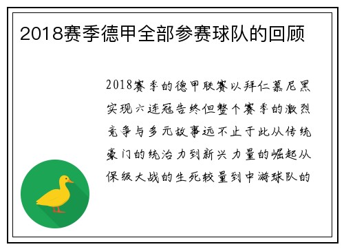 2018赛季德甲全部参赛球队的回顾